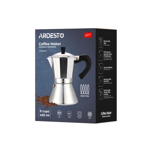 Гейзерна кавоварка ARDESTO Gemini Piemonte, 0.45л, 9 чашок, алюміній