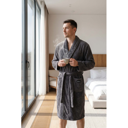 Халат чоловічий ARDESTO Stripe, розмір M/L, 100% поліестер, сірий