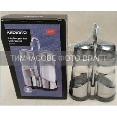 Набір для солі та перцю на підставці Ardesto Gemini, 12см, 3 предмети, нержавіюча сталь, скло, прозорий