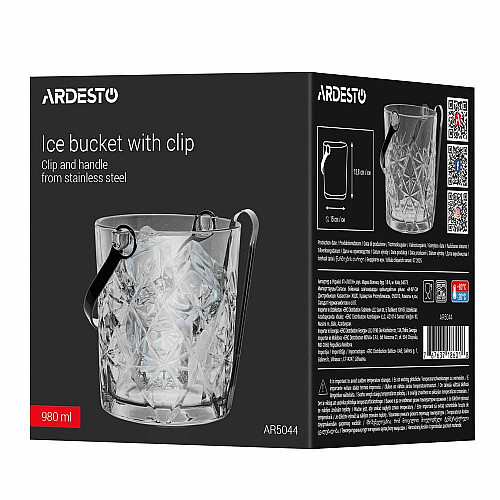Ведро для льда со щипцами ARDESTO Alba 980мл, стекло, прозрачный