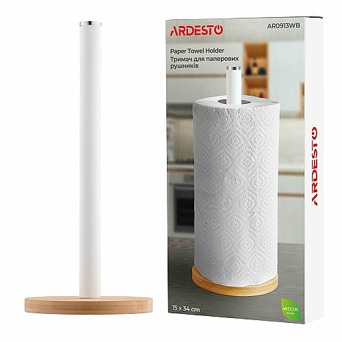 Тримач для паперових рушників ARDESTO Midori 15х34см, метал, бамбук, білий