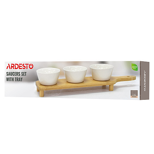 Набір соусників на підставці ARDESTO Midori, 3шт., 110мл, порцеляна, бамбук