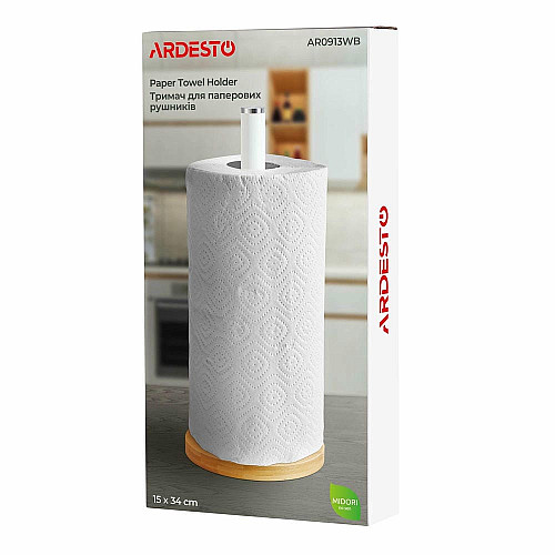 Тримач для паперових рушників ARDESTO Midori 15х34см, метал, бамбук, білий