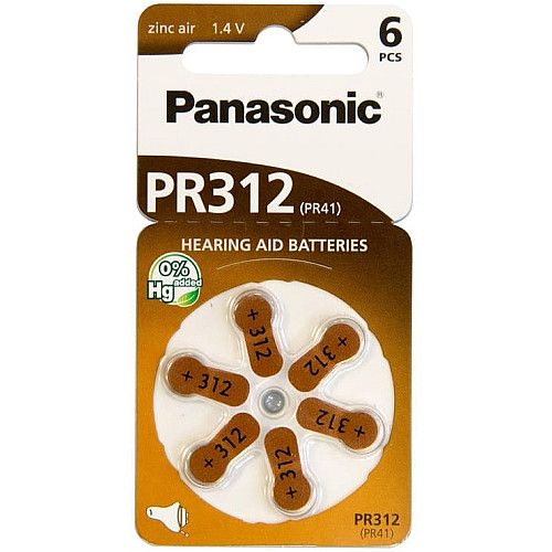 Батарейка Panasonic воздушно-цинковая PR312(312A, AC312E/EZ, PR312H, PR41, ZA312, DA312) блистер, 6 шт.