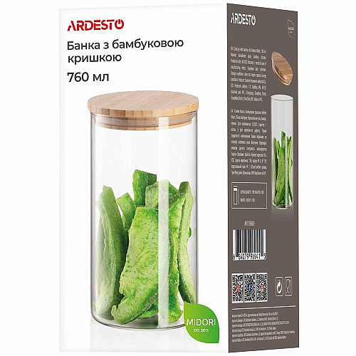 Банка для хранения ARDESTO Midori, 760мл, стекло, бамбук, круглая, прозрачный