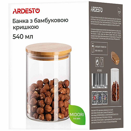 Банка для хранения ARDESTO Midori, 540мл, стекло, бамбук, круглая, прозрачный