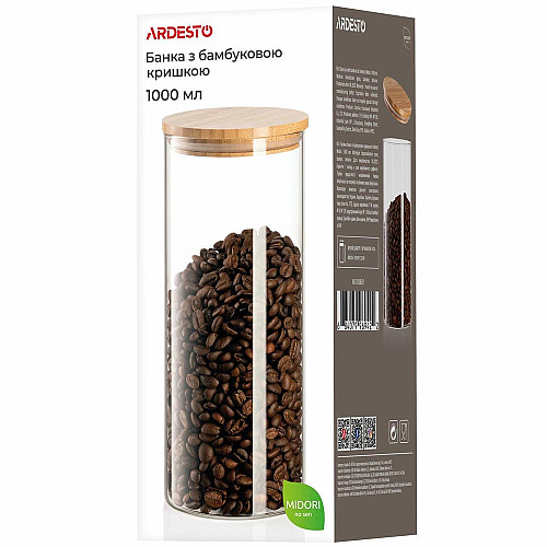 Банка для хранения ARDESTO Midori, 1000мл, стекло, бамбук, круглая, прозрачный