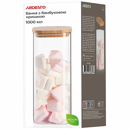 Банка для хранения ARDESTO Midori, 1000мл, стекло, бамбук, квадратная, прозрачный
