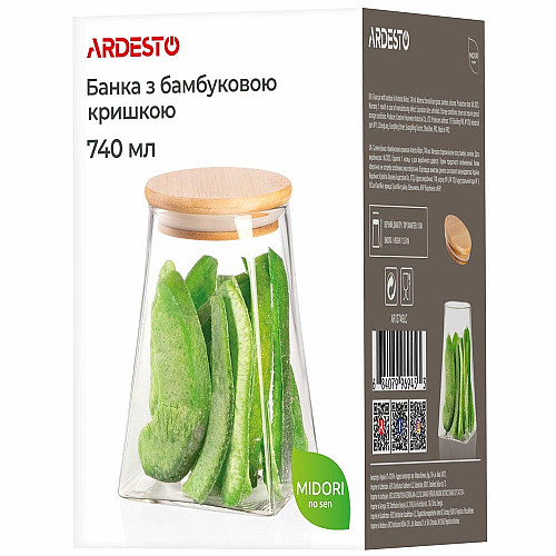 Банка для хранения ARDESTO Midori, 740мл, стекло, бамбук, конусная, прозрачная