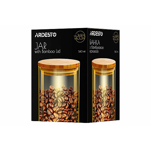 Банка для зберігання ARDESTO Golden Moon, 540мл, скло, бамбук, кругла, золотистий