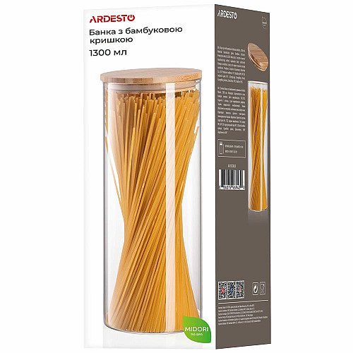Банка для хранения ARDESTO Midori, 1300мл, стекло, бамбук, круглая, прозрачный