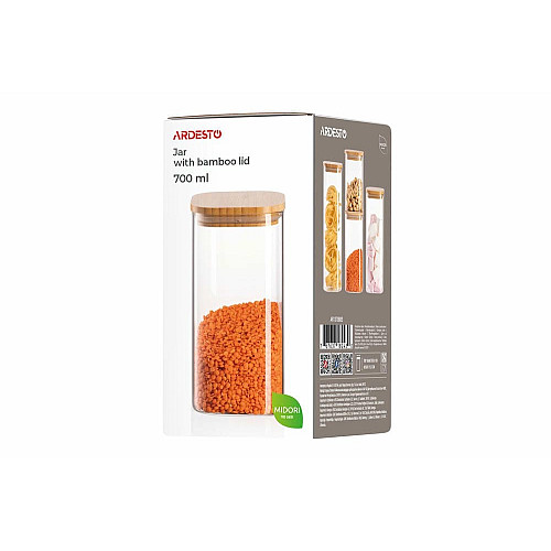 Банка для хранения ARDESTO Midori 700мл, стекло, бамбук, квадратная, прозрачный