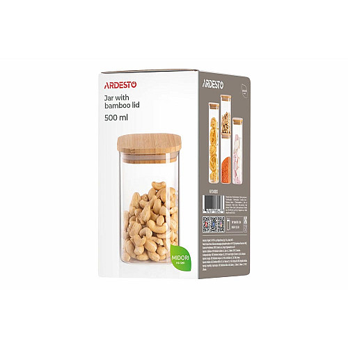 Банка для хранения Ardesto Midori 500мл, стекло, бамбук, квадратный, прозрачный