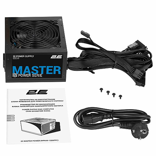 Блок питания 2E Master Power (650W), >80%, 80+ White, 120мм, 1xMB 24pin(20+4), 1xCPU 8pin(4+4), 3xMolex, 5xSATA, 2xPCIe 8pin(6+2)