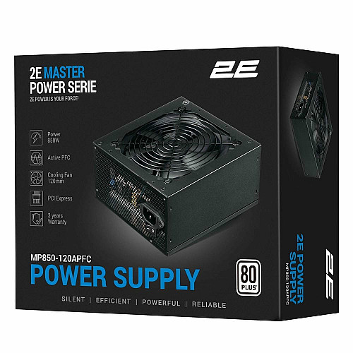 Блок питания 2E Master Power (850W), >80%, 80+ White, 120мм, 1xMB 24pin(20+4), 1xCPU 8pin(4+4), 3xMolex, 5xSATA, 4xPCIe 8pin(6+2)