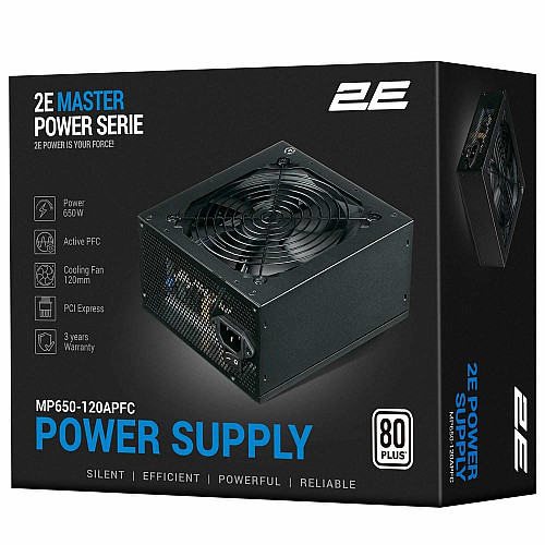Блок питания 2E Master Power (650W), >80%, 80+ White, 120мм, 1xMB 24pin(20+4), 1xCPU 8pin(4+4), 3xMolex, 5xSATA, 2xPCIe 8pin(6+2)