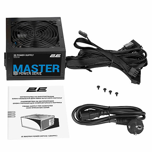 Блок питания 2E Master Power (550W), >80%, 80+ White, 120мм, 1xMB 24pin(20+4), 1xCPU 8pin(4+4), 3xMolex, 5xSATA, 2xPCIe 8pin(6+2)