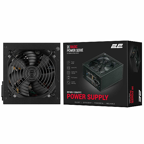 Блок живлення 2E Basic Power  (400W), >80%, 120мм, 1xMB 24pin(20+4), 1xCPU 8pin(4+4), 3xMolex, 4xSATA, 1xPCIe 8pin(6+2)