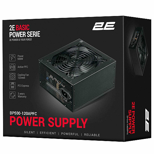 Блок живлення 2E Basic Power  (500W), >80%, 120мм, 1xMB 24pin(20+4), 1xCPU 8pin(4+4), 3xMolex, 4xSATA, 2xPCIe 8pin(6+2)