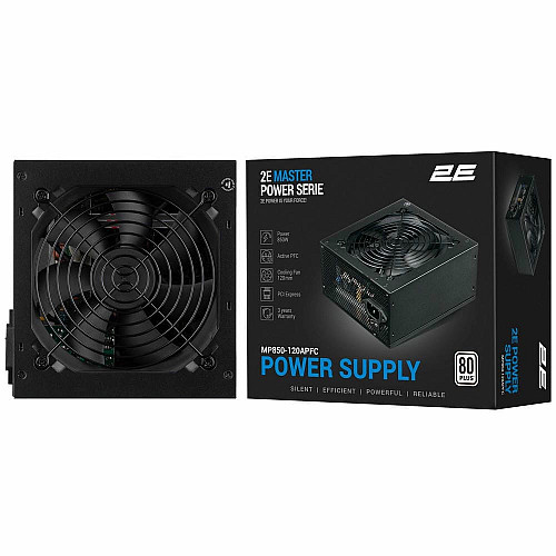 Блок питания 2E Master Power (850W), >80%, 80+ White, 120мм, 1xMB 24pin(20+4), 1xCPU 8pin(4+4), 3xMolex, 5xSATA, 4xPCIe 8pin(6+2)