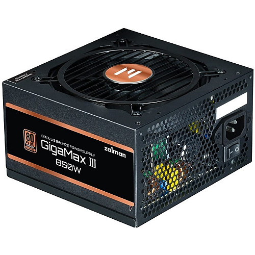 Блок питания Zalman Gigamax 3 (850W), 88%, 80+ Bronze, 120мм, 1xMB 24pin(20+4), 2xCPU (8pin(4+4)+8pin), 3xMolex, 6xSATA, 4xPCIe 8pin(6+2)