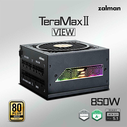 Блок питанияZalman Teramax 2 View (850W) 99%, 80+ Gold, 120мм, 1xMB 24pin(18+10), 2xCPU(4+4 pin), 3xMolex, 12xSATA, 4xPCIe 8pin(6+2), 1xP cable, Fully Modular