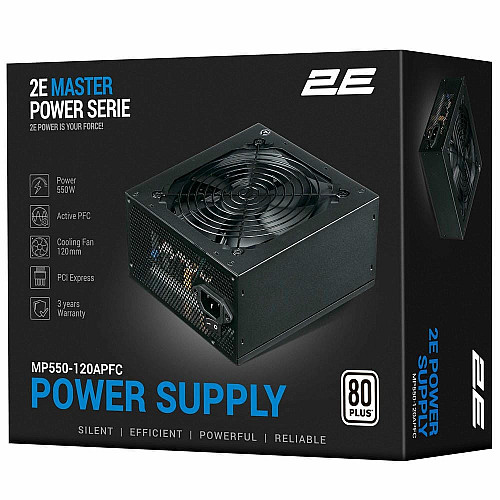 Блок питания 2E Master Power (550W), >80%, 80+ White, 120мм, 1xMB 24pin(20+4), 1xCPU 8pin(4+4), 3xMolex, 5xSATA, 2xPCIe 8pin(6+2)