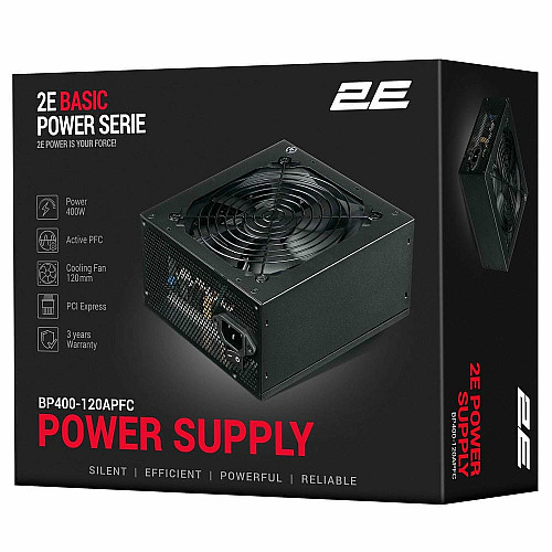 Блок живлення 2E Basic Power  (400W), >80%, 120мм, 1xMB 24pin(20+4), 1xCPU 8pin(4+4), 3xMolex, 4xSATA, 1xPCIe 8pin(6+2)