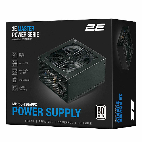 Блок питания 2E Master Power (750W), >80%, 80+ White, 120мм, 1xMB 24pin(20+4), 1xCPU 8pin(4+4), 3xMolex, 5xSATA, 4xPCIe 8pin(6+2)