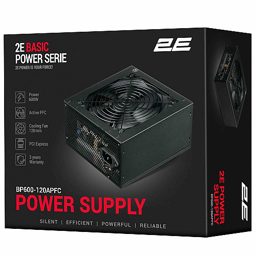 Блок живлення 2E Basic Power  (600W), >80%, 120мм, 1xMB 24pin(20+4), 1xCPU 8pin(4+4), 3xMolex, 4xSATA, 2xPCIe 8pin(6+2)