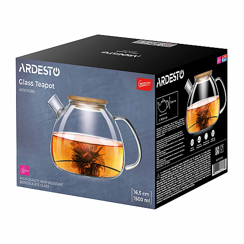Заварник ARDESTO Gemini Bubble 1500мл, боросилікатне скло, бамбук, прозорий