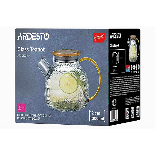 Заварник ARDESTO Gemini Dew 1000мл, боросилікатне скло, бамбук, прозорий