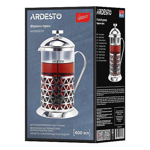 Френч-пресс ARDESTO Gemini Fasano, 600мл, боросиликатное стекло, нержавеющая сталь, прозрачный