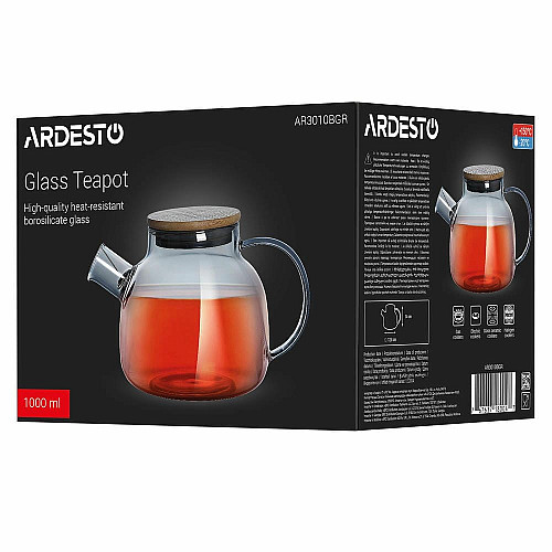 Заварник ARDESTO Graphite 1000мл, боросилікатне скло, бамбук, cірий