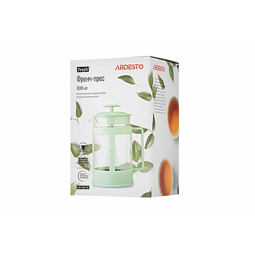 Френч-пресс ARDESTO Fresh, 800мл, боросиликатное стекло, пластик, прозрачный, зеленый светлый
