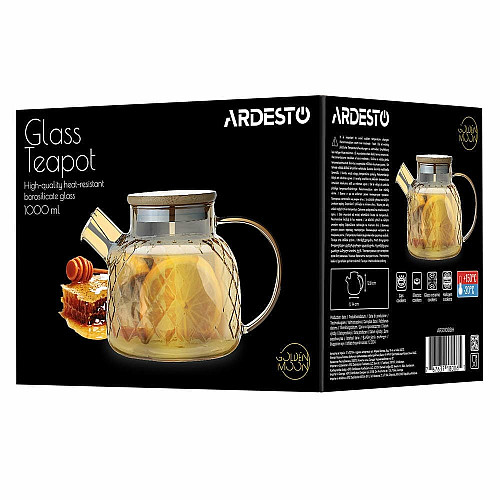 Заварник ARDESTO Golden Moon Diamond 1000мл, боросиликатное стекло, бамбук, золотистый