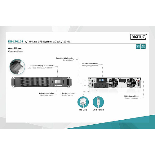 Силовий блок ДБЖ DIGITUS 10kVA/10kW, RTU2, LCD, RS232, USB, Hardwire In/Out