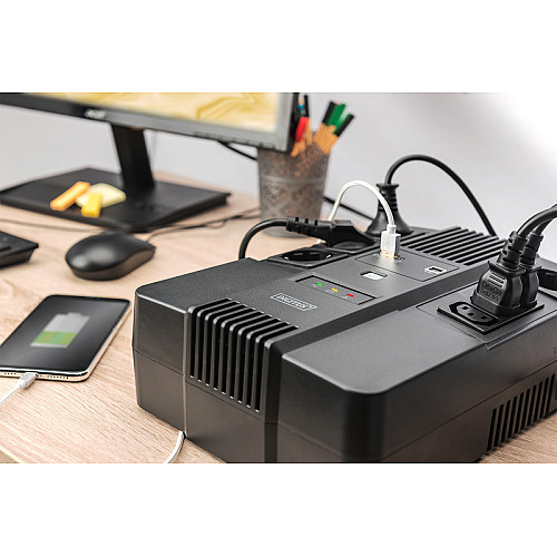 Источник бесперебойного питания DIGITUS 600VA/360W, LED, RJ45, USB, 4xSchuko+3xC13