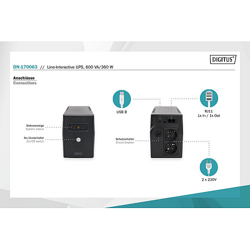 Джерело безперебійного живлення DIGITUS 600VA/360W, LED, RJ11, USB, 2xSchuko