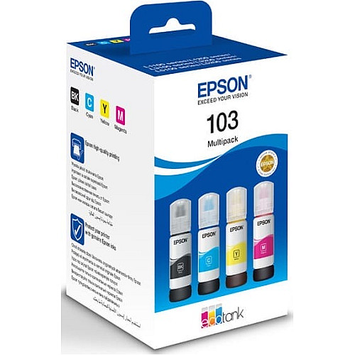 Контейнеры с чернилами Epson 103 EcoTank L1110/L1250/L3100/L3101/L3110/L3150/L3151/L3156/L3200/L3201 /L3250/L3251/L3256/L3260/L3266/L3550/L3560/L5190/L5590/L5290 Multipack (C, M, Y, Bk)
