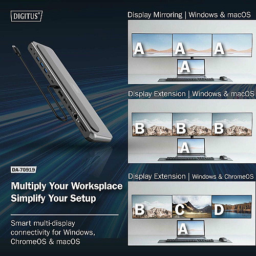 Док-станція DIGITUS USB-C > 2xHDMI/1xDP/3xUSB-A/USB-C/RJ54/PD/Audio