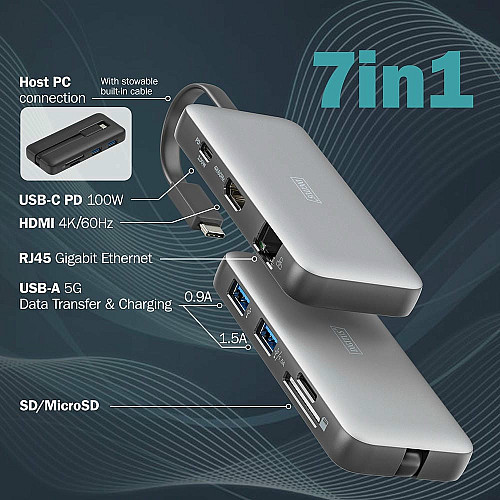 Док-станція DIGITUS USB-C > HDMI/2xUSB-A/USB-C/SD/MicroSD/RJ54, Travel