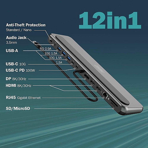 Док-станція DIGITUS USB-C > 2xHDMI/1xDP/3xUSB-A/USB-C/RJ54/PD/Audio