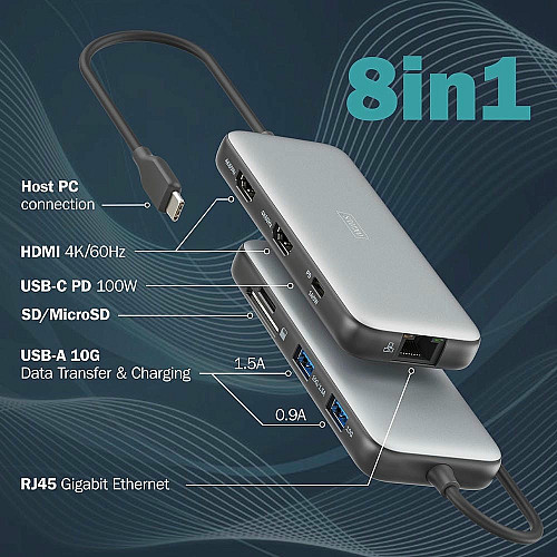 Док-станция DIGITUS USB-C > 2xHDMI/2xUSB-A/USB-C/SD/MicroSD/RJ54