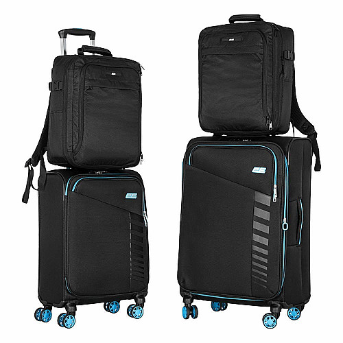 Набор чемоданов 2E, Trek, (M+S), TSA, 4 колеса, + 2 рюкзака Cabin (2E-BPET-CABIN-BK), полиэстр, черный