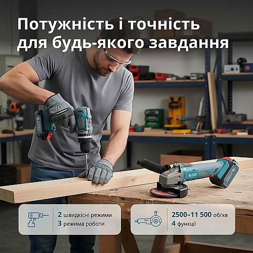 Набор из двух аккумуляторных инструментов Konner&Sohnen KS IDAGB 20V SET 1 20В дрель ударная, шлифмашина угловая, быстрый ЗП 2.4А акб 1х2А·час+1х4А·час кейс 3кг