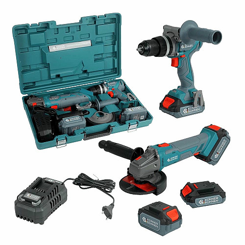 Набор из двух аккумуляторных инструментов Konner&Sohnen KS IDAGB 20V SET 1 20В дрель ударная, шлифмашина угловая, быстрый ЗП 2.4А акб 1х2А·час+1х4А·час кейс 3кг