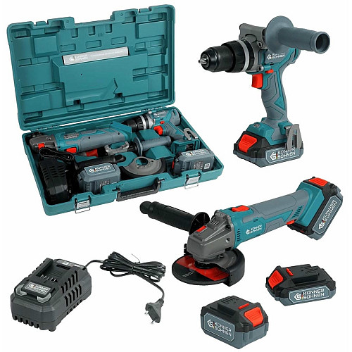 Набор из двух аккумуляторных инструментов Konner&Sohnen KS IDAGB 20V SET 1 20В дрель ударная, шлифмашина угловая, быстрый ЗП 2.4А акб 1х2А·час+1х4А·час кейс 3кг