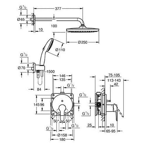 Душова система Grohe QuickFix Start прихованого монтажу з Vitalio Start 250, хром