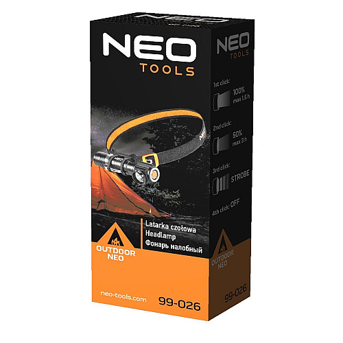 Фонарь налобный аккумуляторный Neo Tools, 1200мА·ч, 800лм, 10Вт, 3 функции освещения, IP20